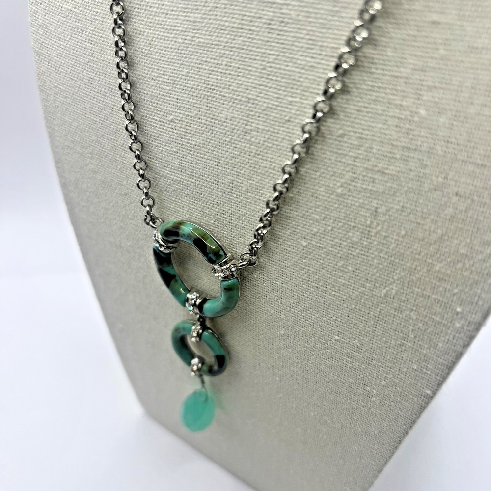 Bijoux Terner Silver Necklace Green Black Marble Like Drop‎ Modern Glam Pendant